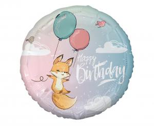 Фолиев балон кръг с лисица и надпис "Happy Birthday"