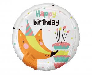 Фолиев балон кръг с лисица и надпис "Happy Birthday"