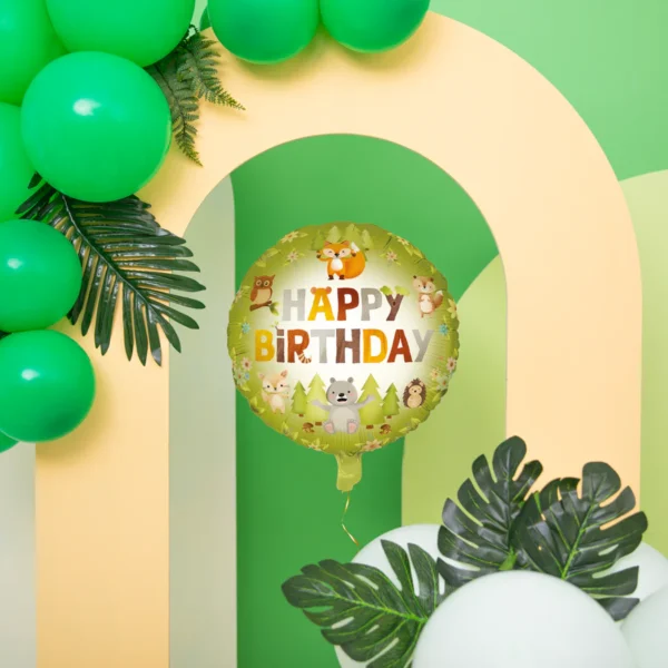 Фолиев балон кръг с животни и надпис "Happy Birthday"