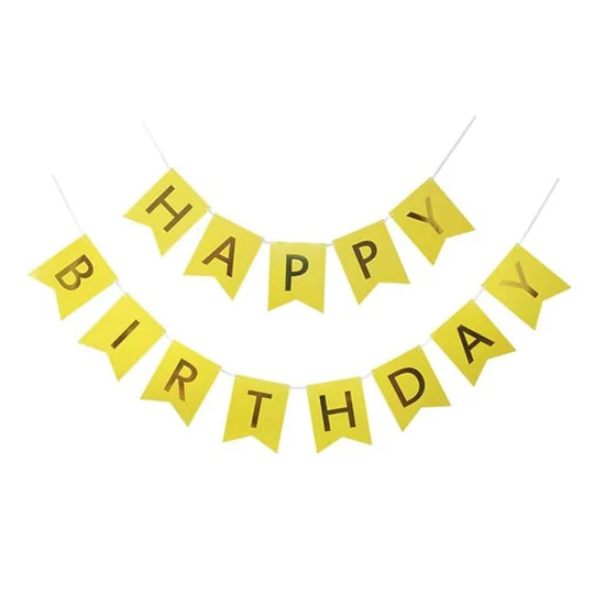 Жълт банер със златен надпис "Happy Birthday"