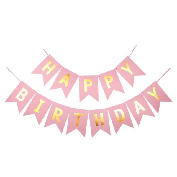 Розов банер със златен надпис „Happy Birthday“