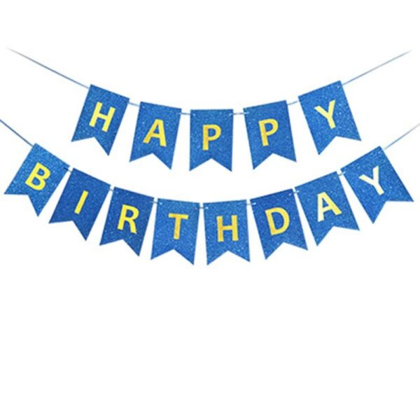Tъмно син банер със златен надпис "Happy Birthday"