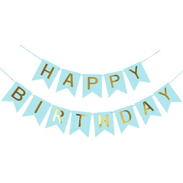 Син банер със златен надпис „Happy Birthday“