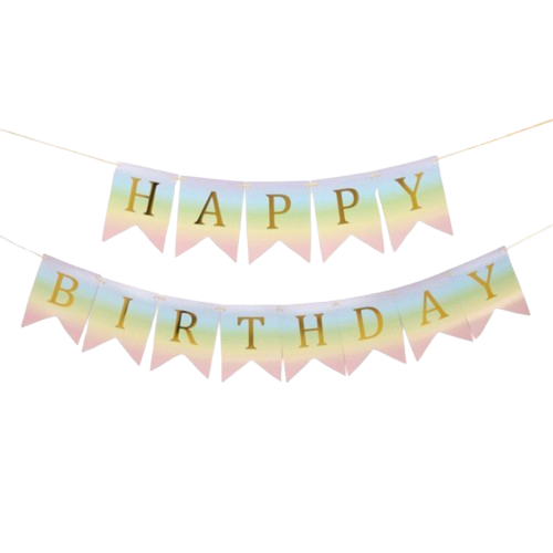 Многоцветен банер със златен надпис „Happy Birthday“