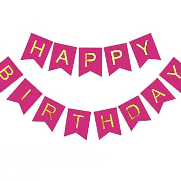 Цикламен банер със златен надпис „Happy Birthday“