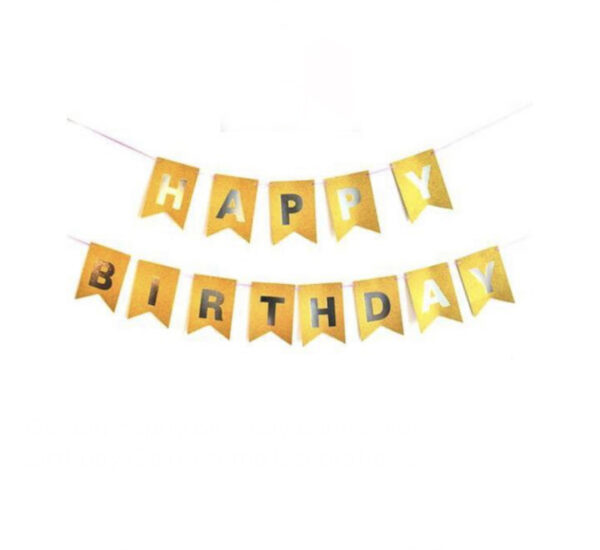 Златен банер със златен надпис „Happy Birthday“