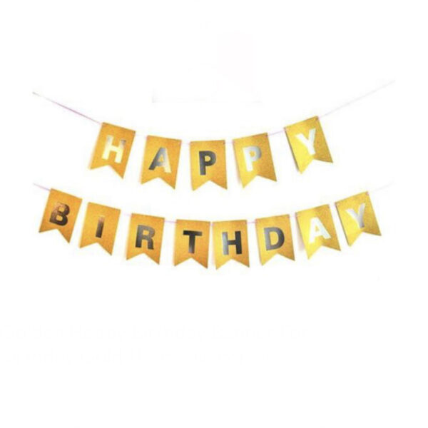 Златен банер със златен надпис „Happy Birthday“