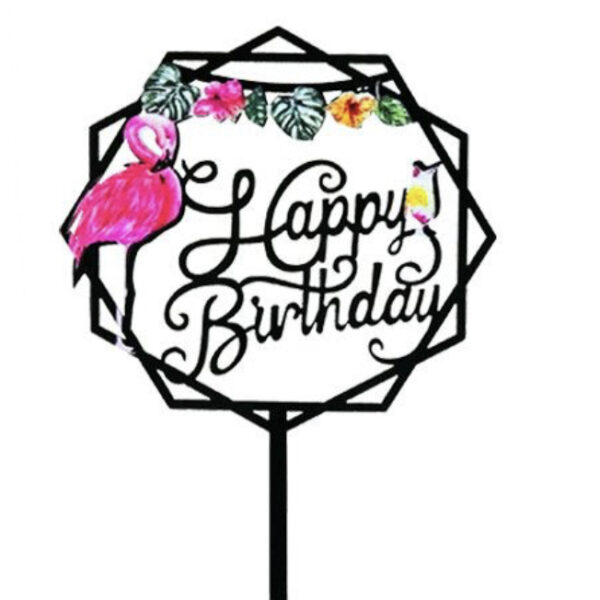 Топер за торта „Happy Birthday“ с фламинго