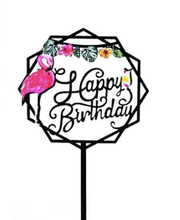 Топер за торта „Happy Birthday“ с фламинго