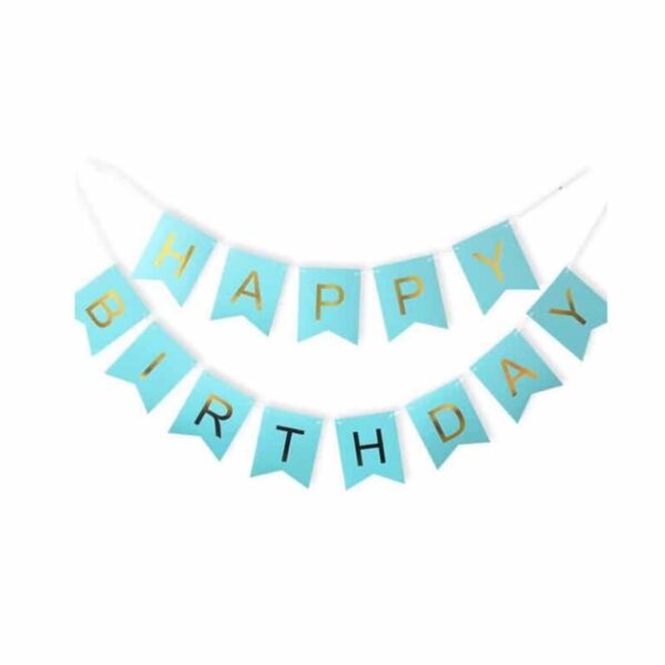 Син банер със златен надпис „Happy Birthday“