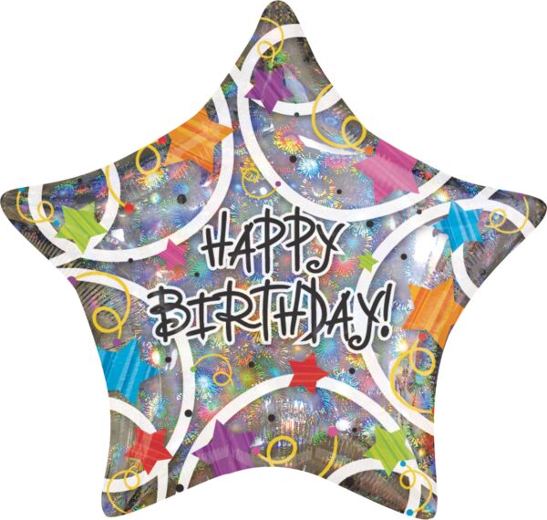 Фолиев балон сребърна звезда с надпис "Happy Birthday"