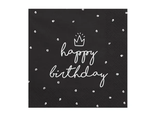 Салфетки черни "Happy Birthday" с корона 20 бр