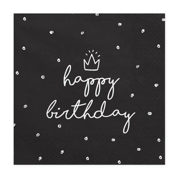 Салфетки черни "Happy Birthday" с корона 20 бр