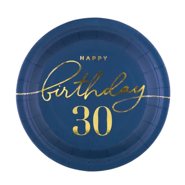 Чинии тъмно сини с надпис "Happy Birthday 30"