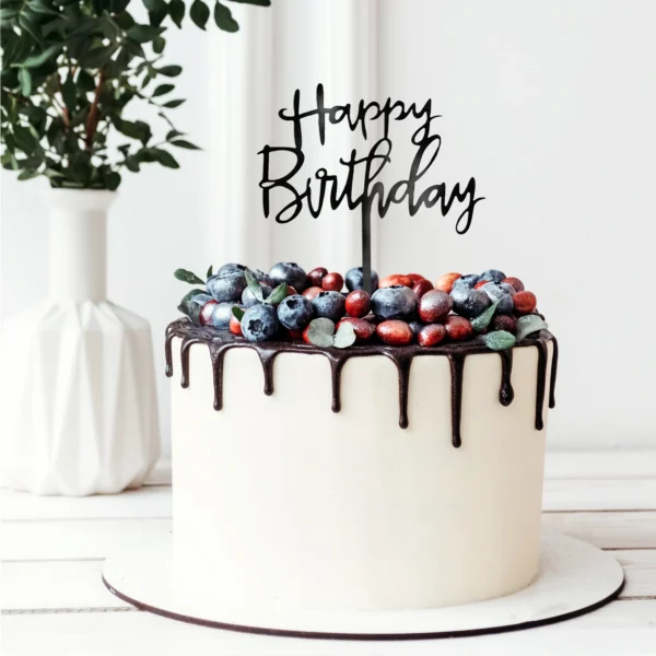 Черен топер за торта "Happy Birthday"