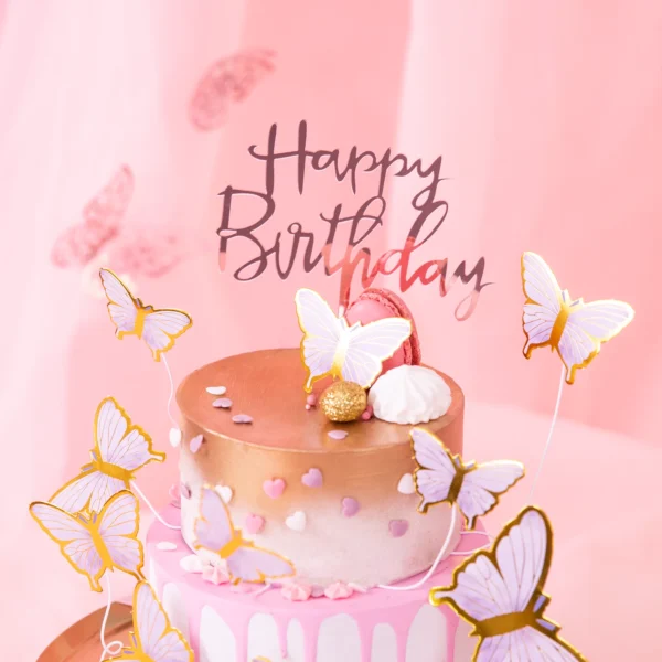 Топер за торта розово злато "Happy Birthday"