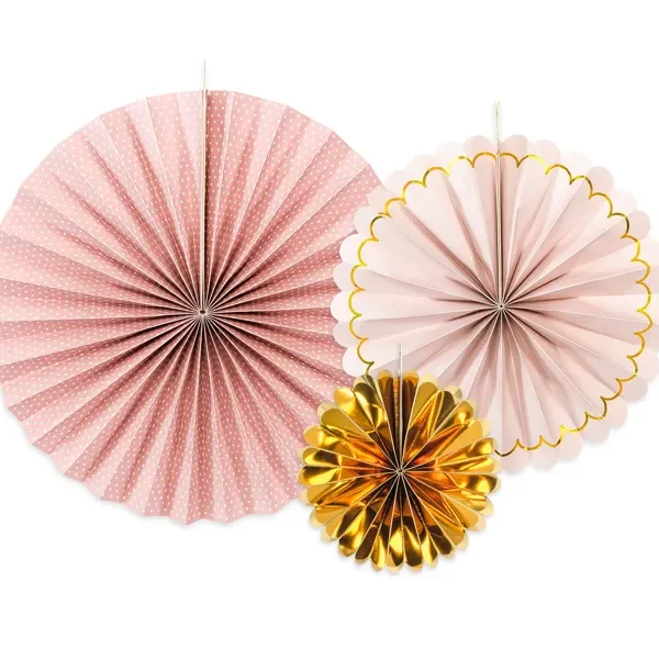 Три броя хартиени ветрила в розово и златно
