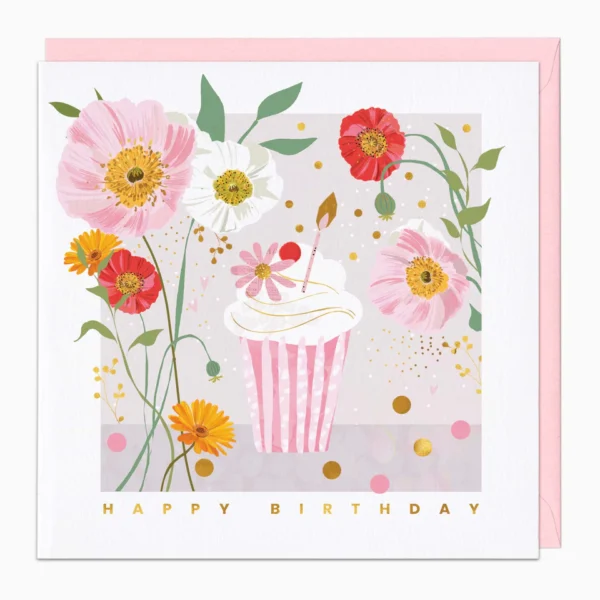 Поздравителна картичка с мъфин и цветя