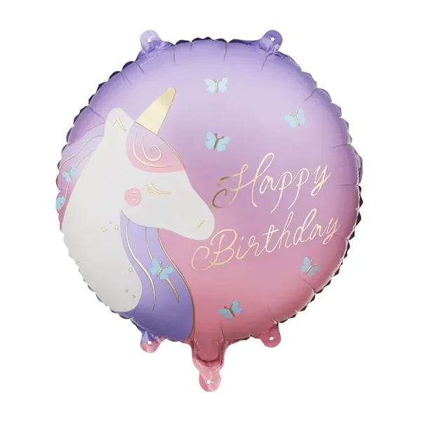 Фолиев балон кръг еднорог „Happy Birthday“